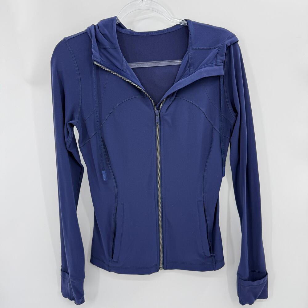 LULULEMON Hooded Define Semi Fitted Jacket Size 10 Blue Full Zip W4BQYS Pockets